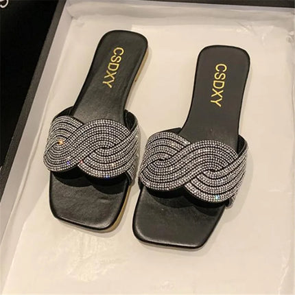 Women's Shiny Rhinestone Flat Sandals – Big Size 35-42 Glitter Slip-On Slides