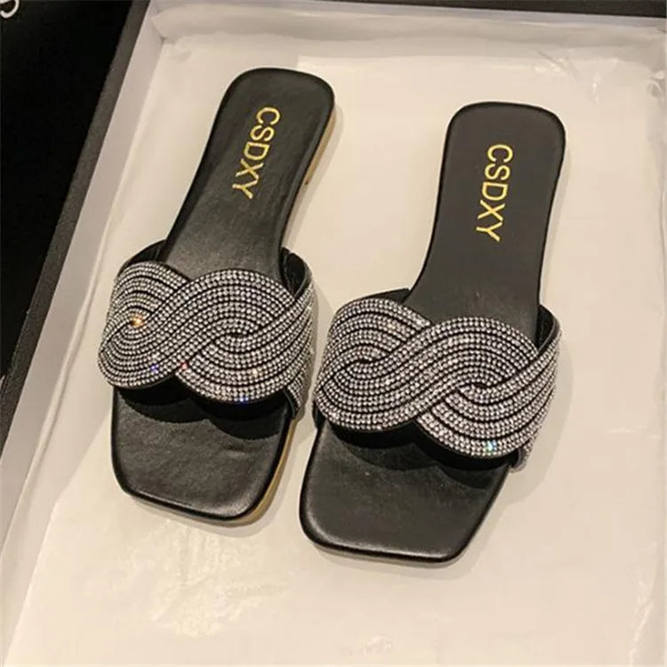 Women's Shiny Rhinestone Flat Sandals – Big Size 35-42 Glitter Slip-On Slides