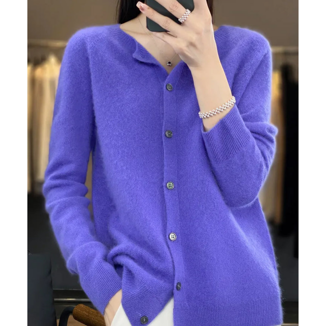 Wool -Blend O-Neck Cardigan Sweater-HighTouch