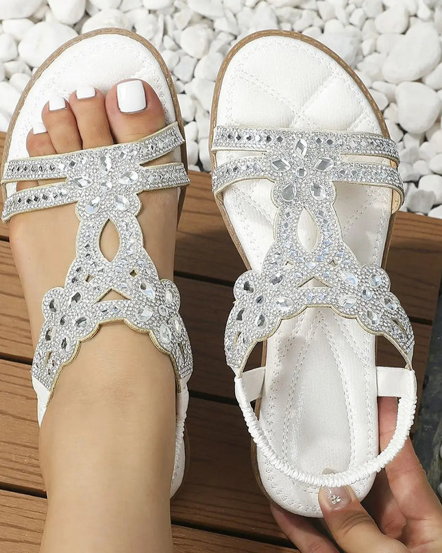 Bohemian Rhinestone Flat Sandals – Comfortable Summer T-Strap for Women