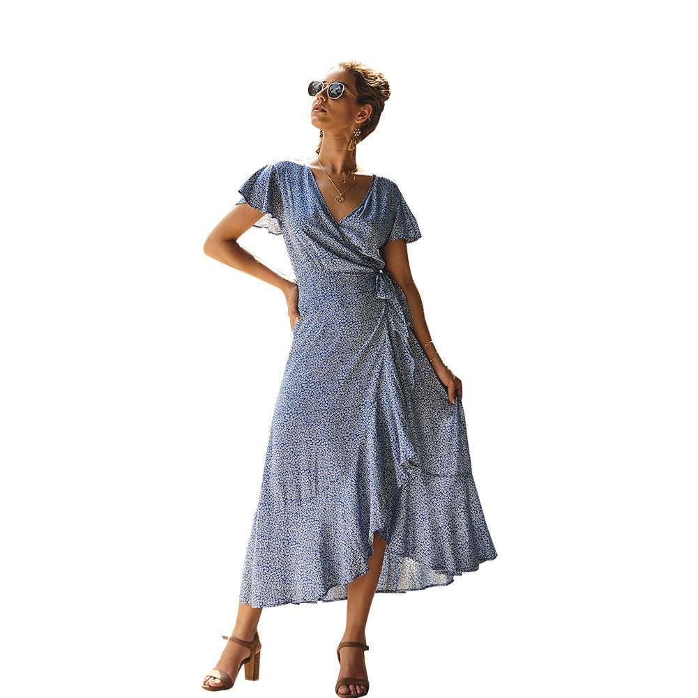 Retro Cotton Floral Dress with Lace-Up | V-Neck Irregular Midi-HighTouch