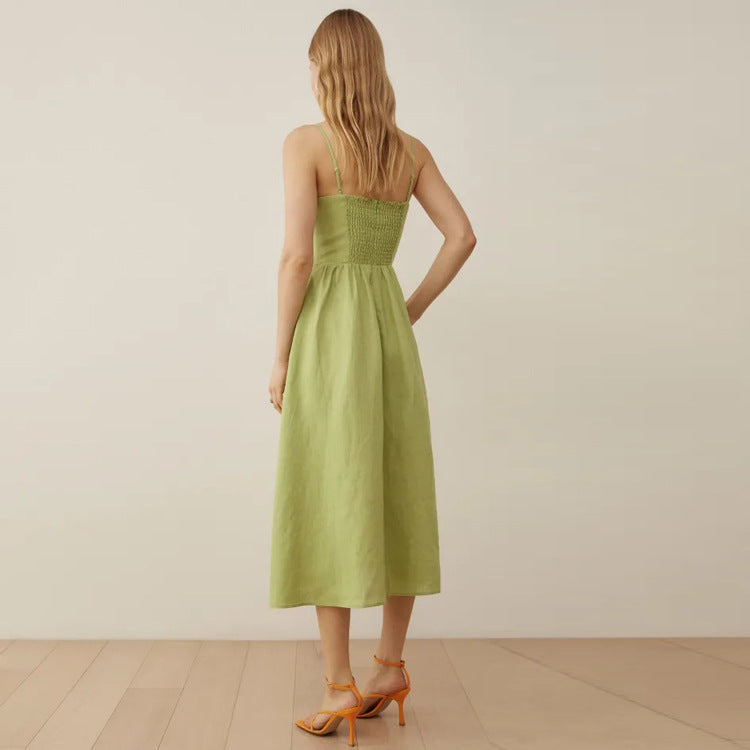 Linen Mid-Fashion Dress with Suspenders-HighTouch