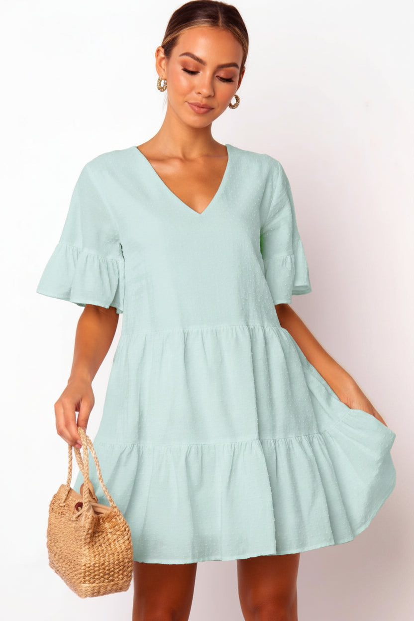 Pure Cotton Short-Sleeved Dress | V-Neck Large Swing Mini-HighTouch