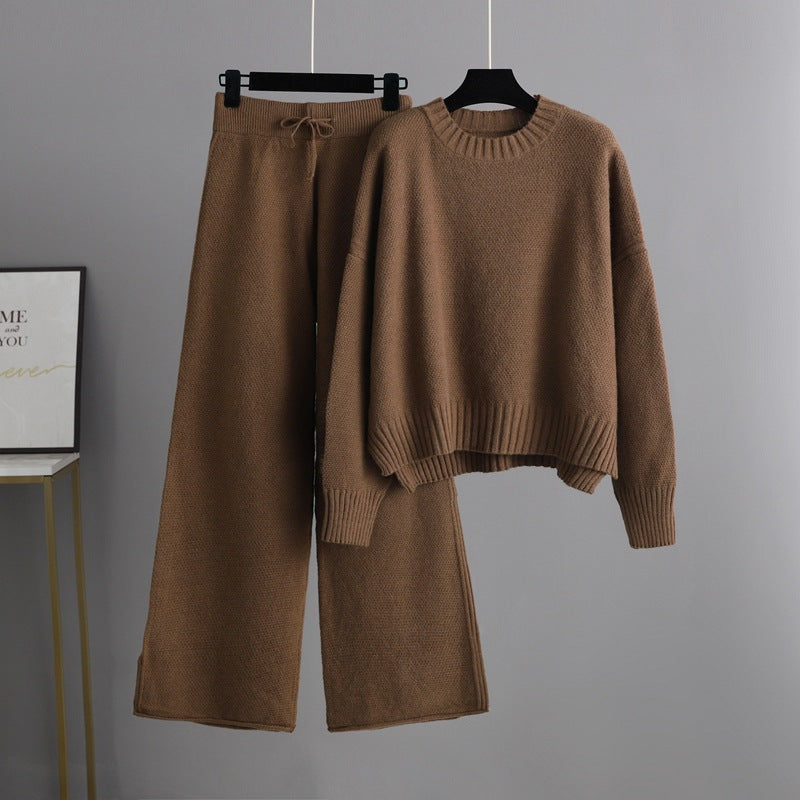 Women’s Knitted Wide-Leg Pants Set – Casual Two-Piece Knit Outfit-HighTouch