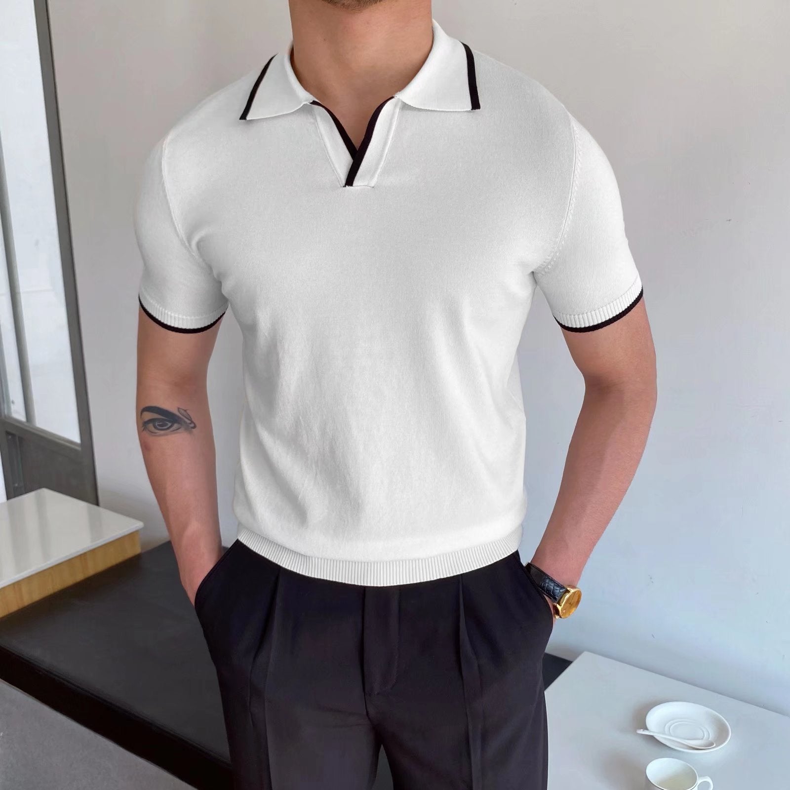 Men's Striped Ice Silk T-Shirt – Slim Fit with Slit Detail-HighTouch