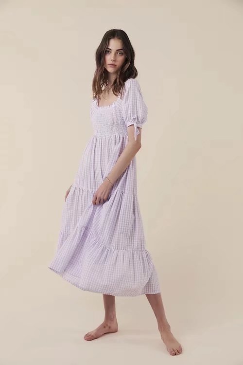 Purple Plaid Elastic Long Dress-HighTouch