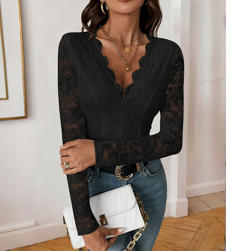 Women's Long Sleeve V-Neck Lace Jumpsuit-HighTouch