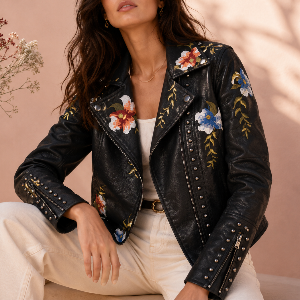 Delacroix Women's Floral Embroidered Leather Biker Jacket