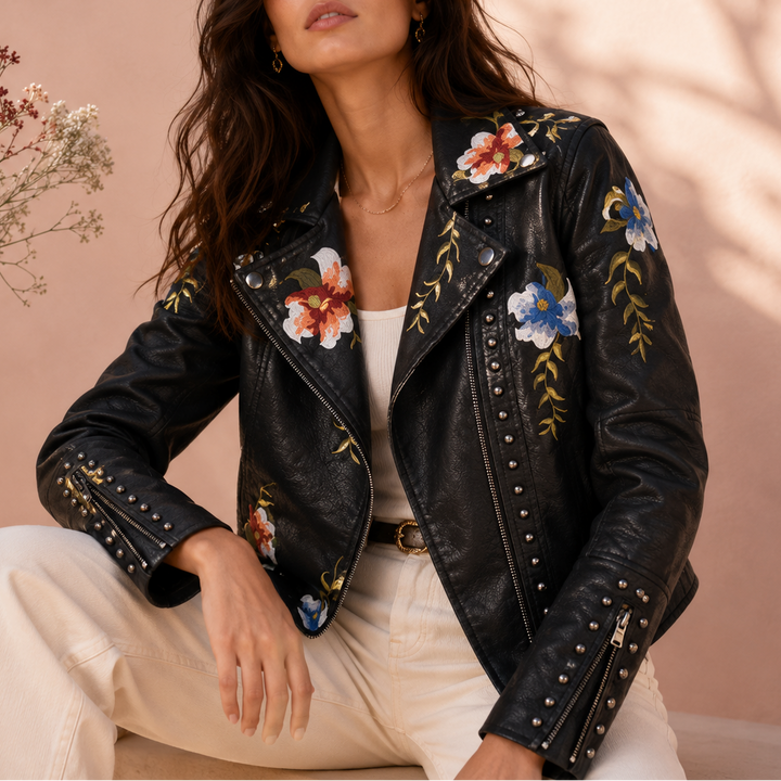 Delacroix Women's Floral Embroidered Leather Biker Jacket