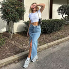 Women’s Front Slit Denim Maxi Skirt – Street Hipster Long Denim Skirt