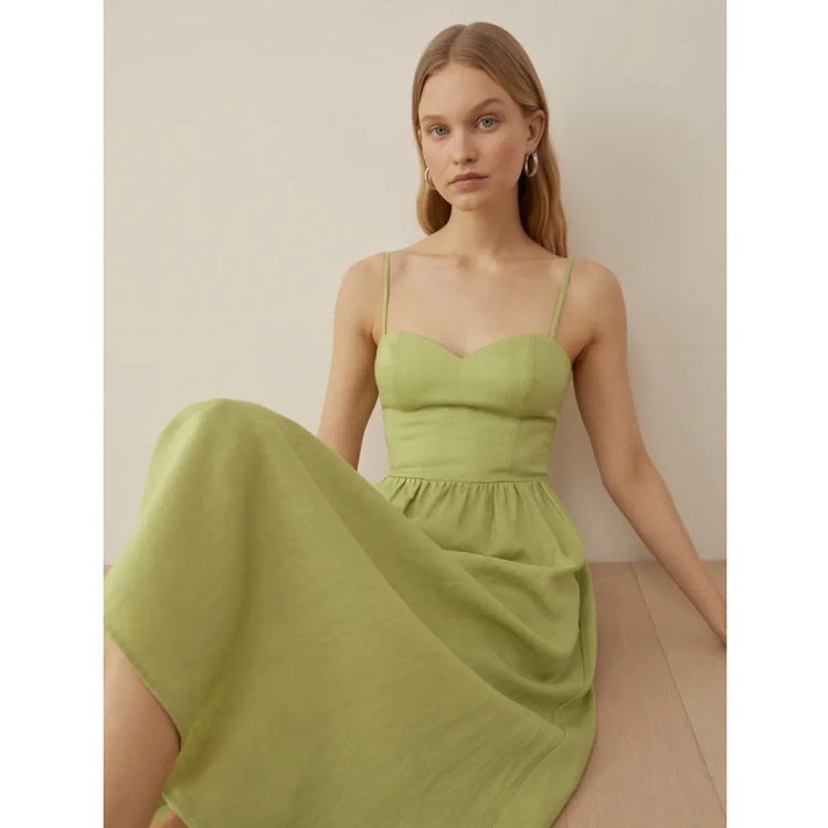 Linen Mid-Fashion Dress with Suspenders-HighTouch