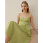 Linen Mid-Fashion Dress with Suspenders-HighTouch