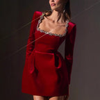 Chic Tweed Mini Dress for Parties – Long Sleeve Square Neck Style-HighTouch