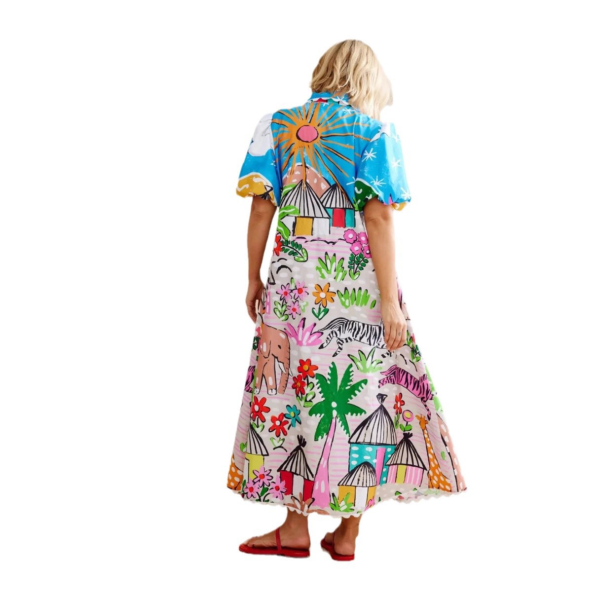 Linen Personality Printed Shirt-Collar Cardigan Dress-HighTouch
