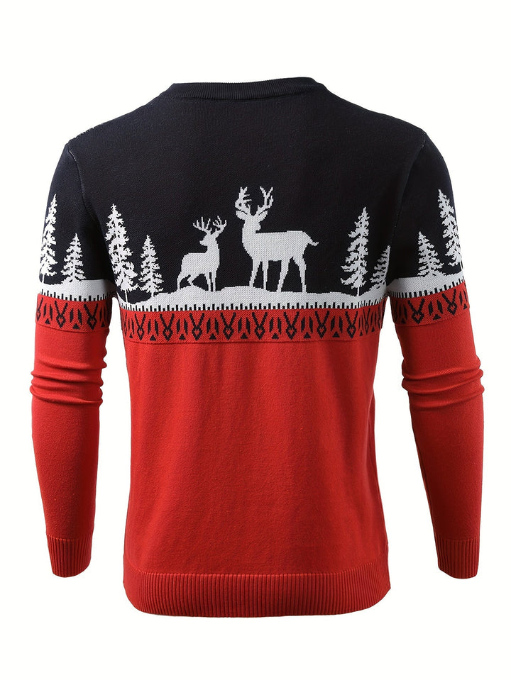 Men's Reindeer and Pine Tree Christmas Crew Neck Sweater