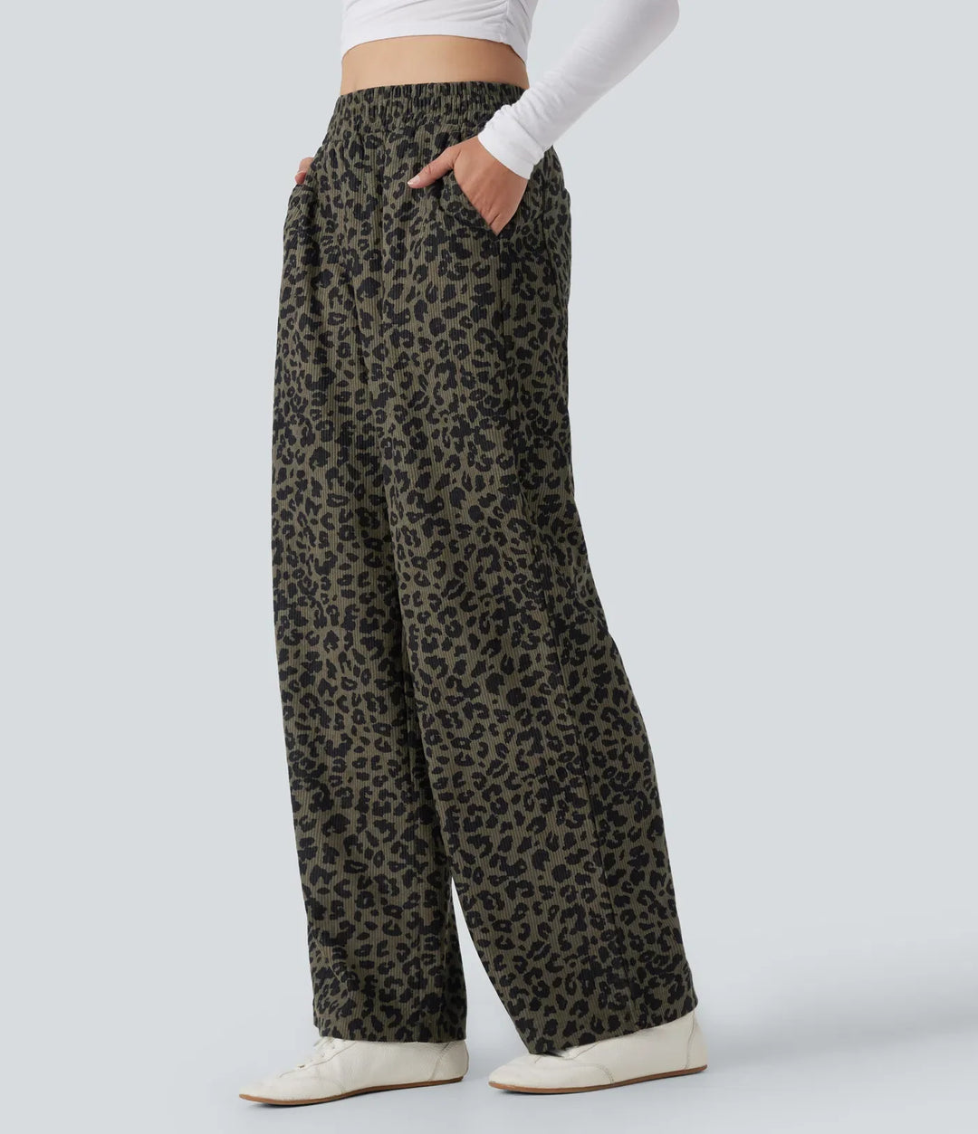 Leopard Print Pants Women Corduroy Baggy Wide Leg Trousers