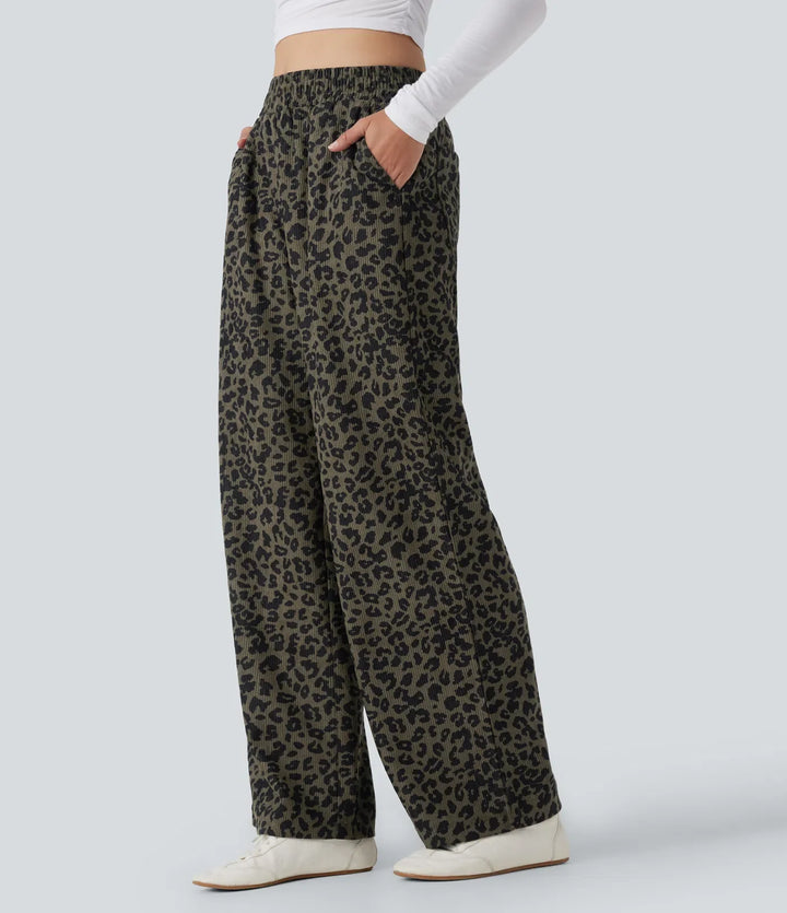 Leopard Print Pants Women Corduroy Baggy Wide Leg Trousers