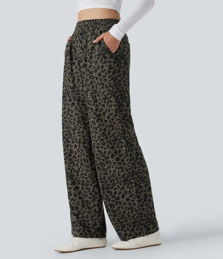 Leopard Print Pants Women Corduroy Baggy Wide Leg Trousers