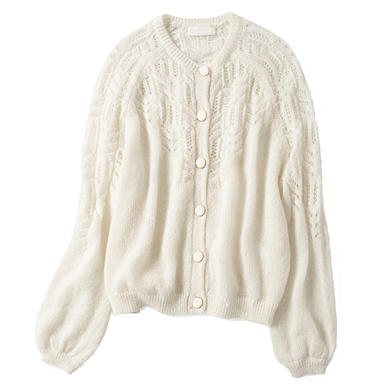 Hollow Crochet Round Neck Button White Sweater-HighTouch