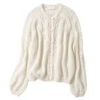 Hollow Crochet Round Neck Button White Sweater-HighTouch