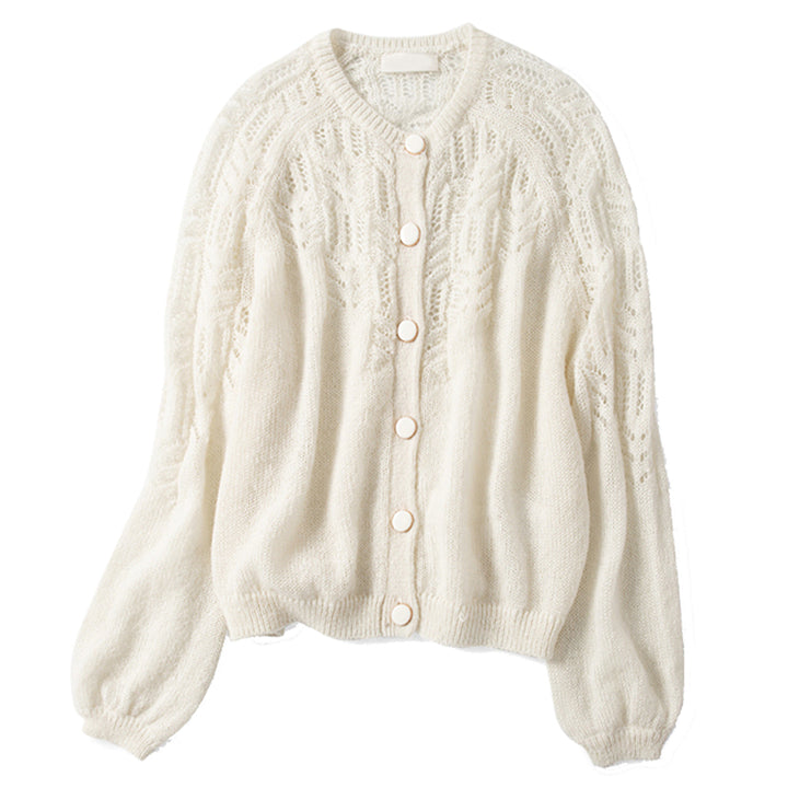 Hollow Crochet Round Neck Button White Sweater-HighTouch