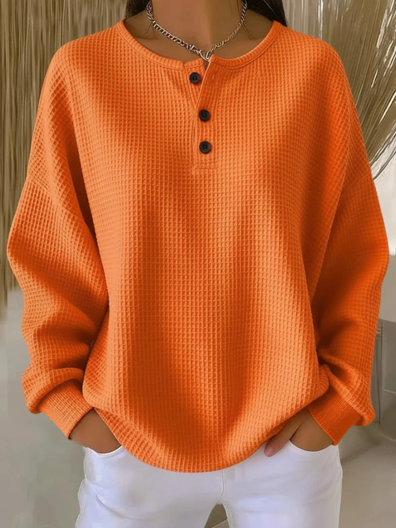 Waffle Knit Long Sleeve Button Top-HighTouch