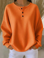 Waffle Knit Long Sleeve Button Top-HighTouch