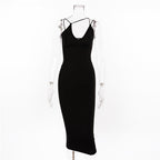 Women's V-Neck Milk Silk Maxi Dress – Elastic Waist Pencil Skirt-HighTouch
