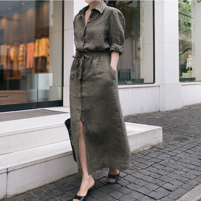 New Style Cotton Shirt Dress Commuting Large Swing Long Skirt-HighTouch