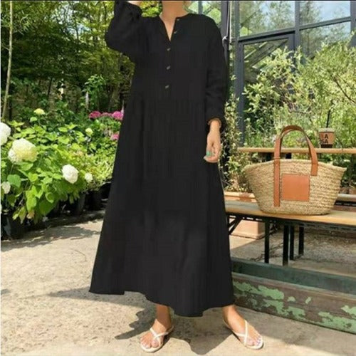 Cotton & Linen Long Sleeve Dress – OL Commuting Large Swing Stand-HighTouch