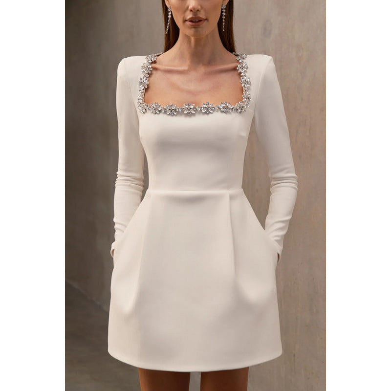 Chic Tweed Mini Dress for Parties – Long Sleeve Square Neck Style-HighTouch