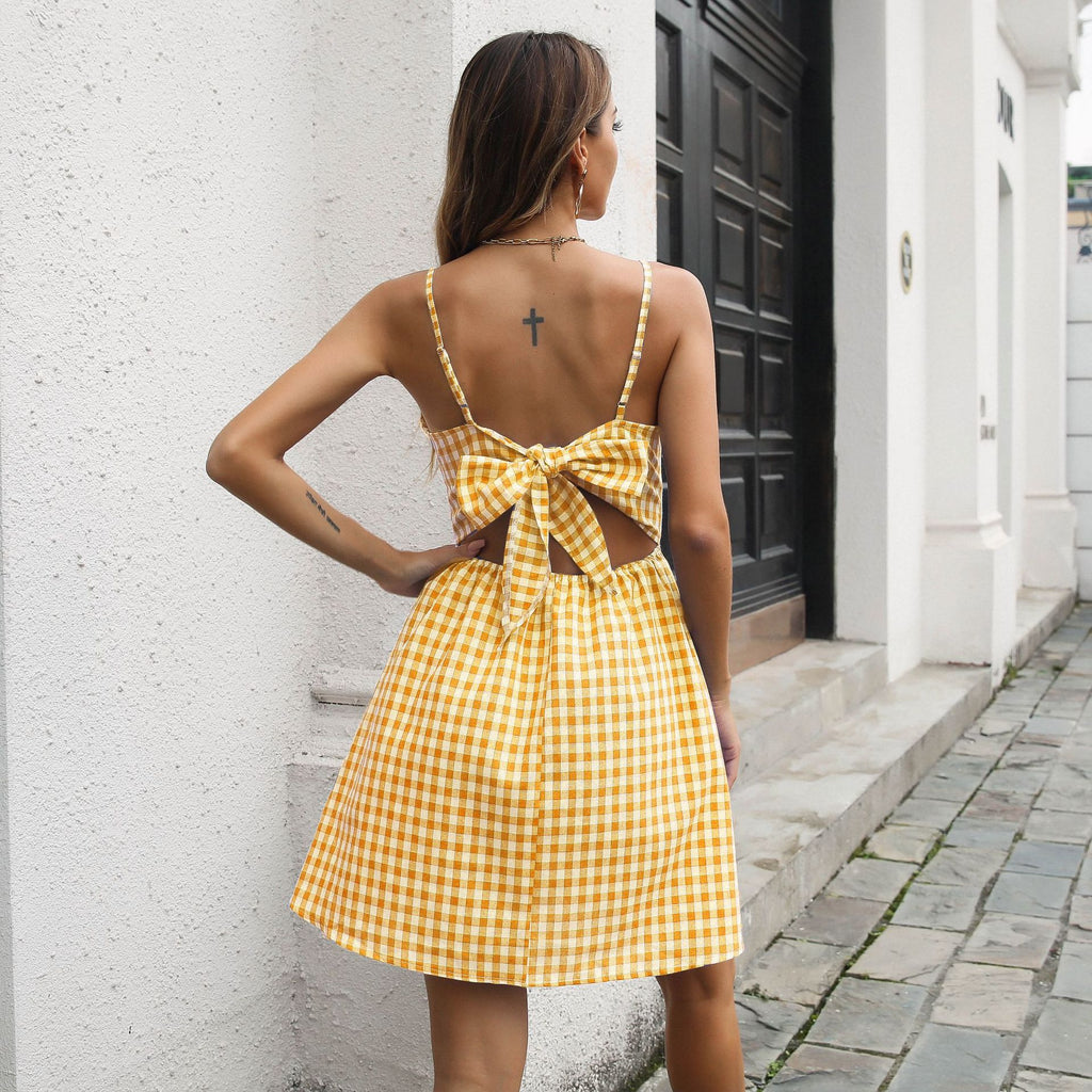 Women's High-Waist Plaid A-Line Dress – Casual Mini Skater Dress-HighTouch