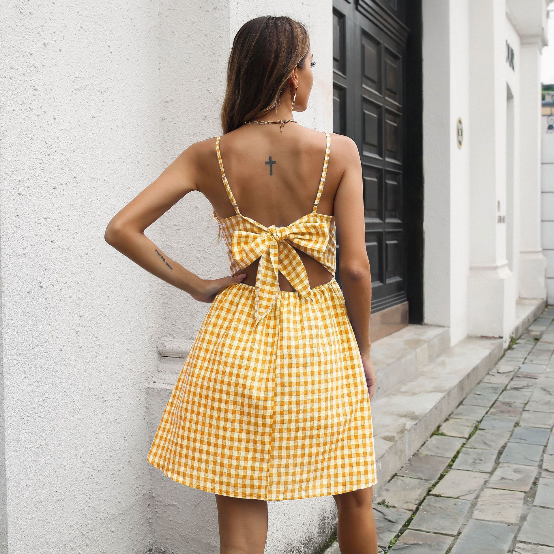 Women's High-Waist Plaid A-Line Dress – Casual Mini Skater Dress-HighTouch