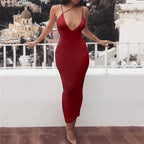 Women's V-Neck Milk Silk Maxi Dress – Elastic Waist Pencil Skirt-HighTouch