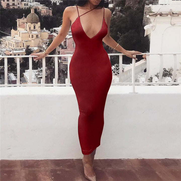Women's V-Neck Milk Silk Maxi Dress – Elastic Waist Pencil Skirt-HighTouch