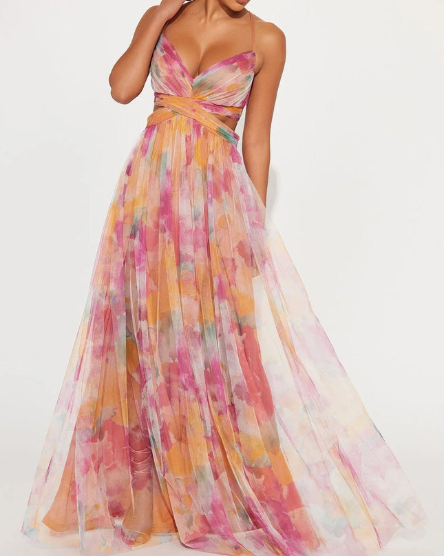 Elegant Painted Floral Print V-Neck A-Line Maxi Dress