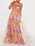 Elegant Painted Floral Print V-Neck A-Line Maxi Dress-HighTouch