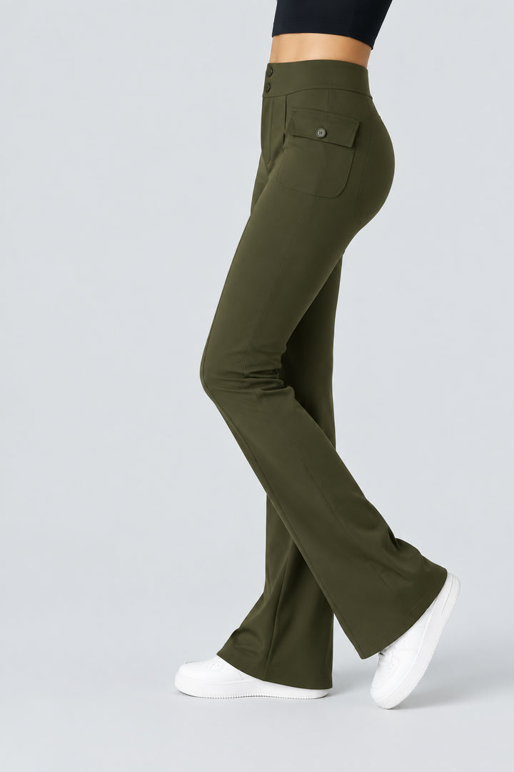 Green pants with text highlighting features on a light gray background