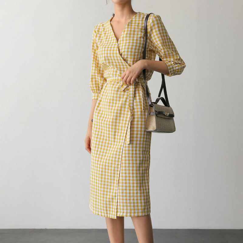 Women's Lattice A-Line Skirt – Cotton-Linen Blend Collage Splicing Design-HighTouch