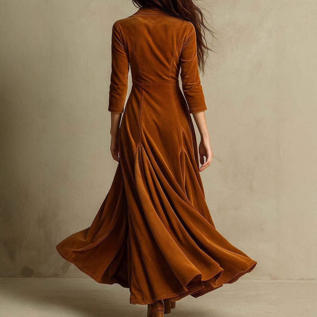 Solid Color Buttons Lapel 34 Sleeve Maxi Dress Waist Expansion Skirt-HighTouch