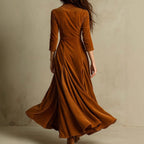 Solid Color Buttons Lapel 34 Sleeve Maxi Dress Waist Expansion Skirt-HighTouch