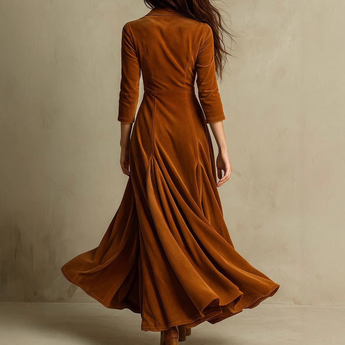 Solid Color Buttons Lapel 34 Sleeve Maxi Dress Waist Expansion Skirt-HighTouch