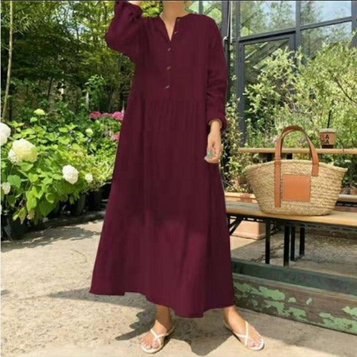 Cotton & Linen Long Sleeve Dress – OL Commuting Large Swing Stand-HighTouch