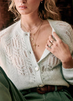Hollow Crochet Round Neck Button White Sweater-HighTouch