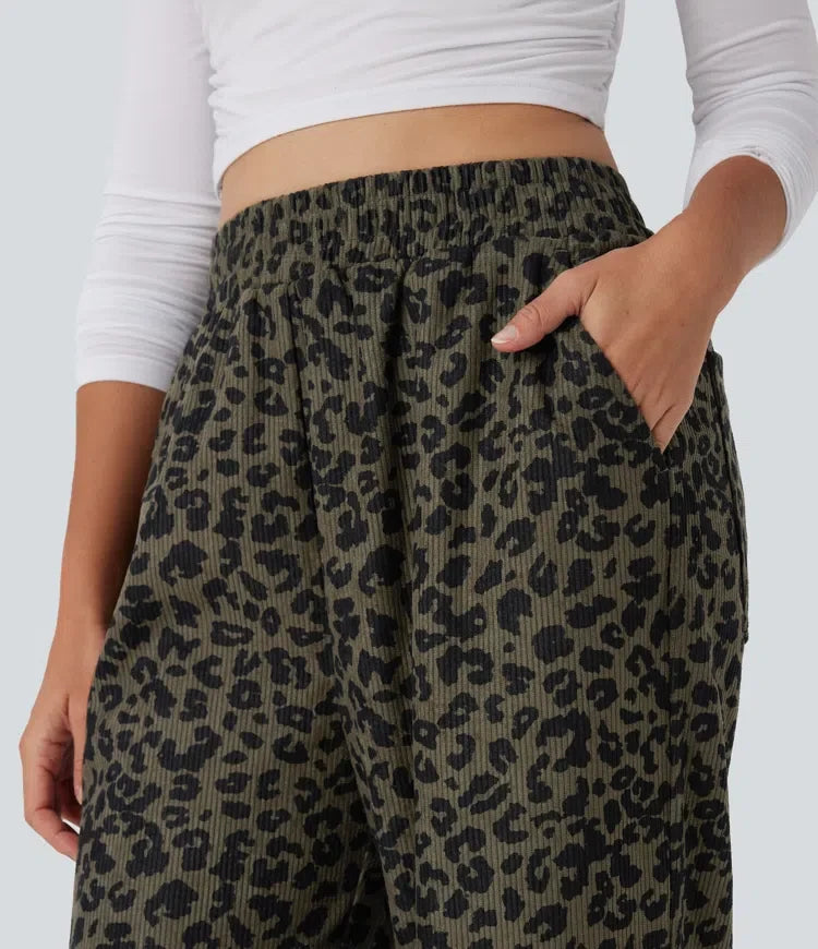 Leopard Print Pants Women Corduroy Baggy Wide Leg Trousers