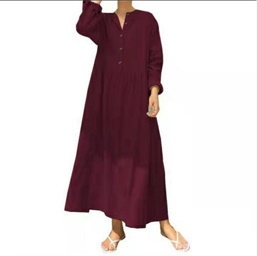 Cotton & Linen Long Sleeve Dress – OL Commuting Large Swing Stand-HighTouch