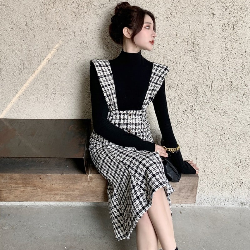 Women's French Retro Plaid Dress – Elegant Commuter Square Collar Style-HighTouch