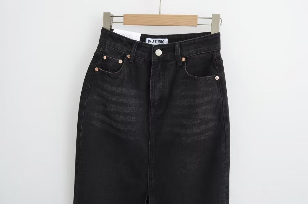 Women’s Front Slit Denim Maxi Skirt – Street Hipster Long Denim Skirt