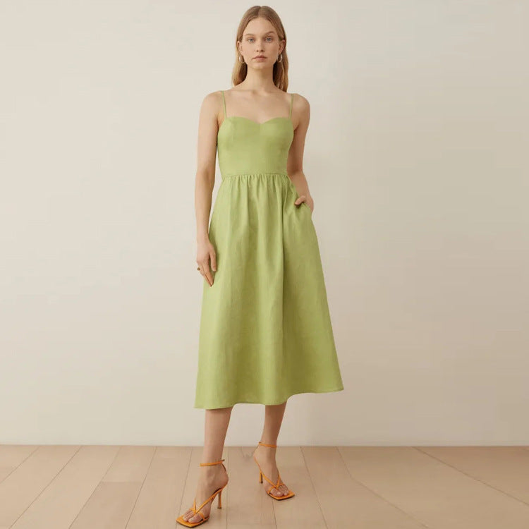 Linen Mid-Fashion Dress with Suspenders-HighTouch