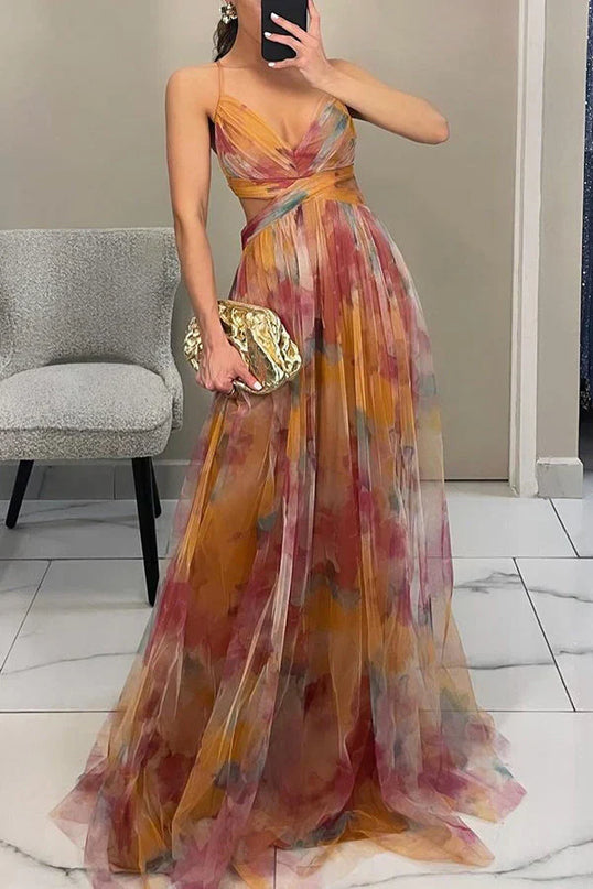 Faye™ | Elegant Printed Lace-Up Maxi Dress